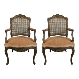 Pair of Velvet Upholstered French Cane Back Armchairs