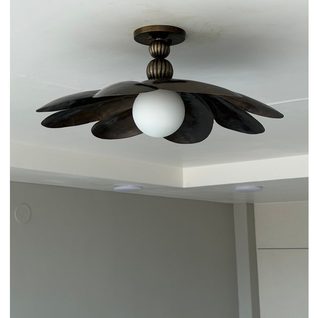 Black Black Antique Brass Semi Flush Mount Light Fixture, Handmade Flower Ceiling Light For Sale - Image 8 of 18