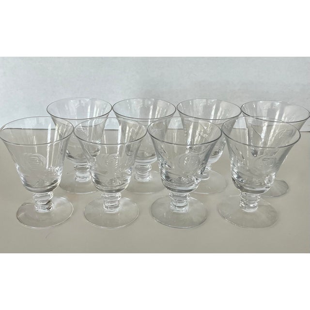 Very rare genuine set of 8 cordial glasses by Fostoria. Elegant blown glass in the classic etched Rose pattern. Crafted in...