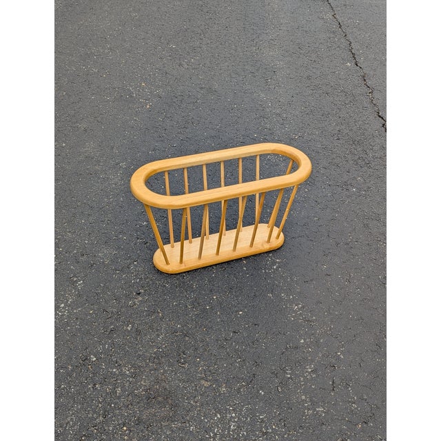 Vintage Oak Spindle Magazine Rack | Mid-Century Modern Newspaper Vinyl Record Stand | Arthur Umanoff Style Wood Storage For Sale In Washington DC - Image 6 of 7