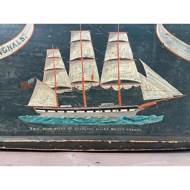 Folk Art 19th Century Dark Green-Blue Painted Maritime Sea Chest / Trunk, Ship John Speark, Rockland Maine For Sale - Image 3 of 12