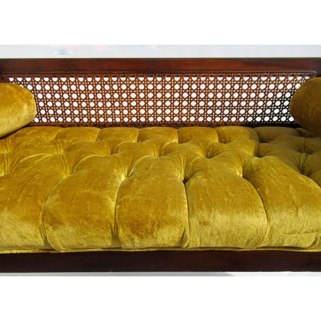 C.1970's Crushed Velvet Velour Button-Tufted Upholstered Caned Wood Bench With Bolster Pillows For Sale - Image 17 of 18