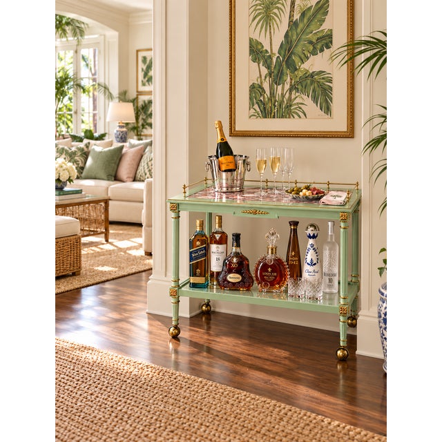 Dimensions: H 32.5” × W 42” × D 18” This restored two-tier serving cart combines cypress wood construction with a soft...