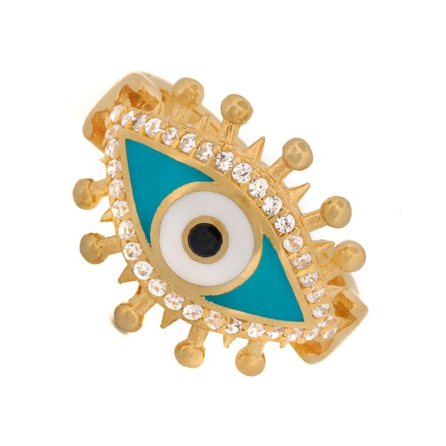 2020s Turquoise & Diamond Spiritual Evil Eye Adjustable Gold Ring For Sale - Image 5 of 8