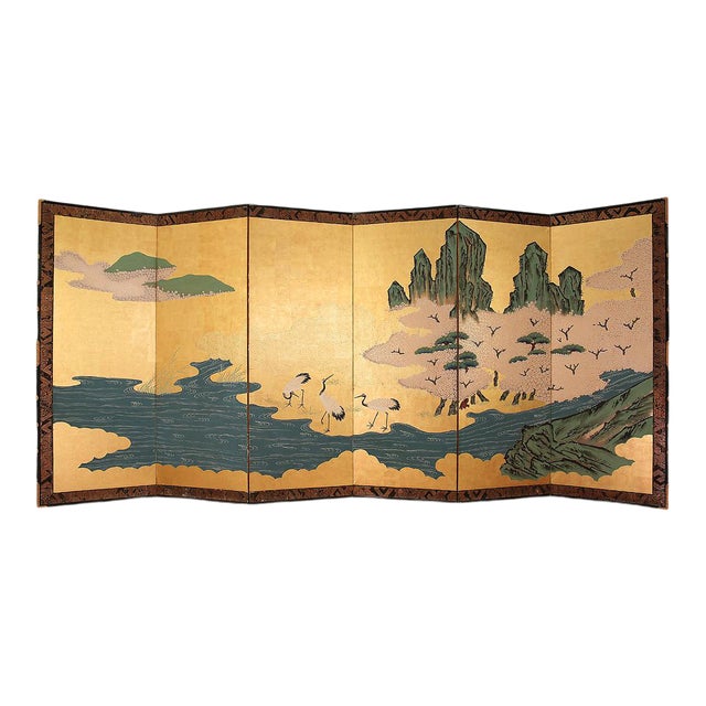 XL Shōwa Japanese Gold Leaf and Maki-E 6-Panel Screen | Chairish