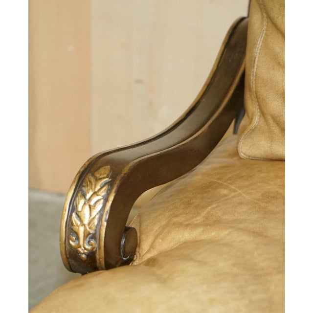 Animal Skin Set of Large Vintage Italian Brown Leather & Giltwood Throne Armchair & Footstool For Sale - Image 7 of 18