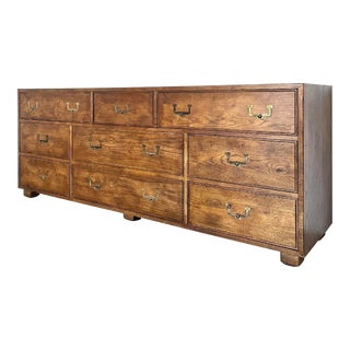 Henredon “Artefacts” Campaign Style Low Dresser or Credenza in Nut Wood For Sale