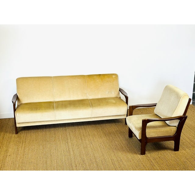 Vintage Scandinavian Velvet Convertible Sofa and Armchair, 1960s, Set of 2 For Sale - Image 4 of 18