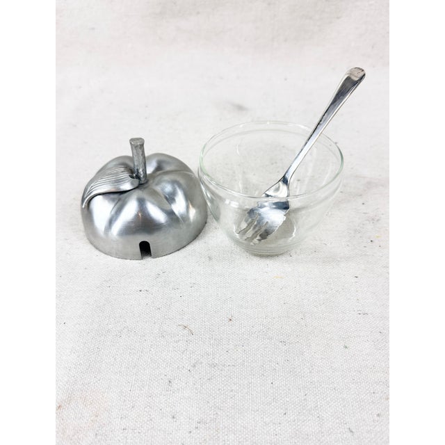 Mid-Century Modern Mid-Century Vintage Glass & Silverplate Apple Condiment Jam Jar With Spoon For Sale - Image 3 of 11