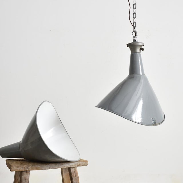 A large enamel benjamin factory light shade by benjamin crysteel. Vitreous glass grey enamel shades, original type x...