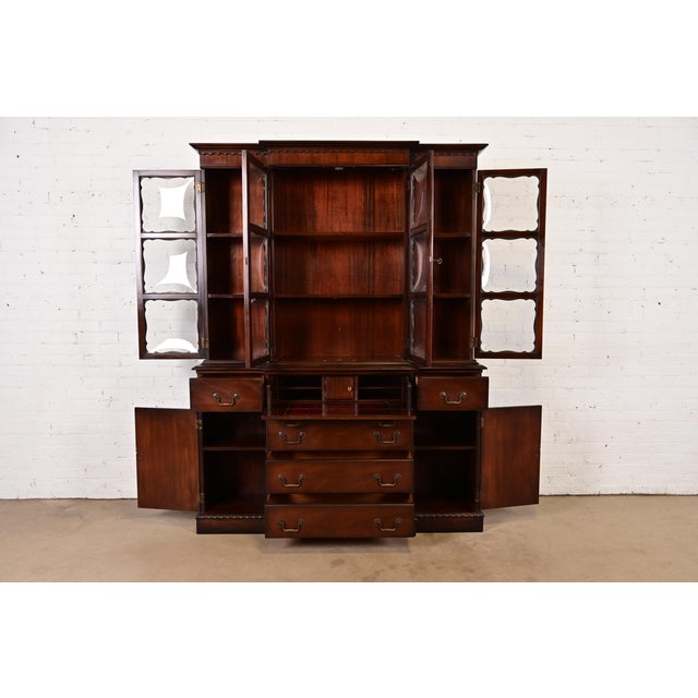 1940s Baker Furniture Style Georgian Mahogany Bubble Glass Breakfront Bookcase Cabinet With Drop Front Secretary Desk, Circa 1940s For Sale - Image 5 of 14