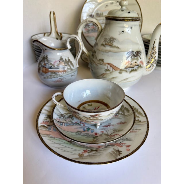 1970s Japanese Hand-Painted Eggshell Porcelain Landscape Luncheon Tea Set - 36 Pieces For Sale - Image 15 of 17