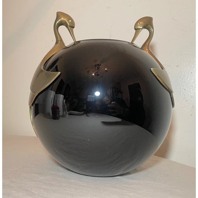 Vintage Black Amethyst Glass Brass Art Deco Bird Decorative Spherical Vase For Sale In New York - Image 6 of 14