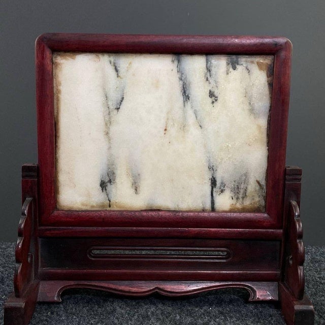 Marble Landscape Table Screen, Rosewood Framed Natural Stone Painting Desk Screen For Sale In Los Angeles - Image 6 of 9