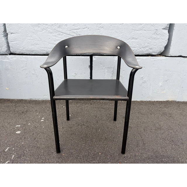 Set of Eight Attributed Artelano Black Leather Arm Chairs, Italy 1980s For Sale - Image 16 of 18