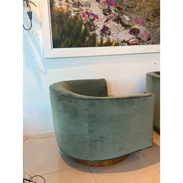 Wood Vintage Pair Milo Baughman for Thayer Coggin Walnut & Green Velvet Swivel Chairs For Sale - Image 7 of 12