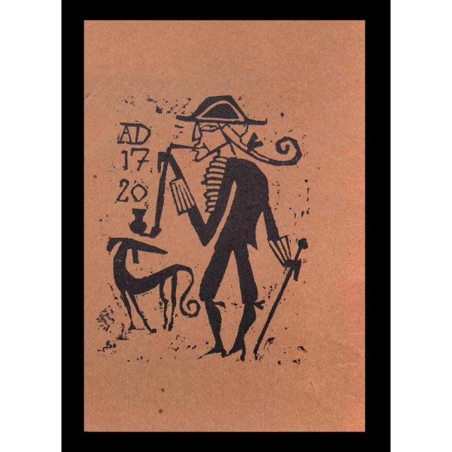 Smoking Man with Dog is a woodcut on brownish color paper print on paper realized by Charles Sterns in the early 20th...