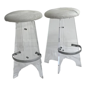 1970’s Lucite and Cowhide Bar Stools - a Pair