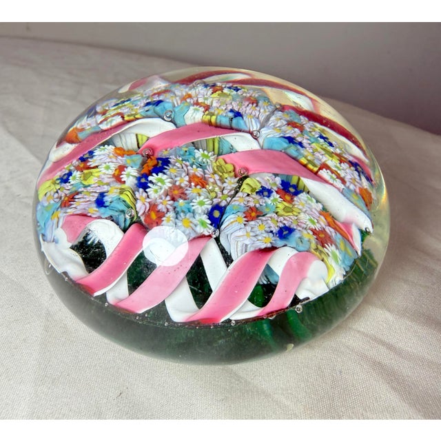 Vintage Hand Blown Italian Murano Art Studio Glass Millefiori Paperweight Ribbon For Sale - Image 10 of 13