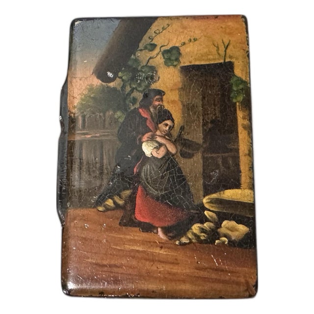 Vintage Hand Painted Lacquer Miniature Keepsake Box Couple Outside Home For Sale