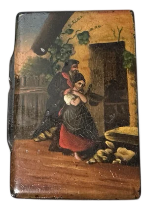 Vintage Hand Painted Lacquer Miniature Keepsake Box Couple Outside Home