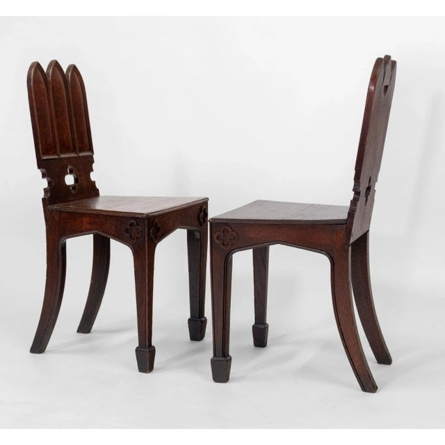 English Regency Gothic Revival Oak Hall Chairs, 1830s, Set of 2 For Sale - Image 3 of 18