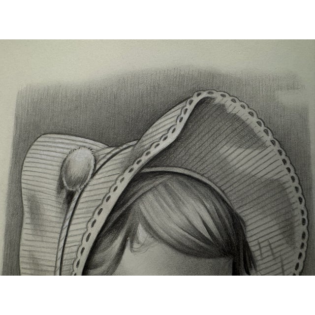 American 1940s Original Signed Graphite Illustration of Smiling Girl in Bonnet, 10.75 × 8.5 In. For Sale - Image 3 of 6