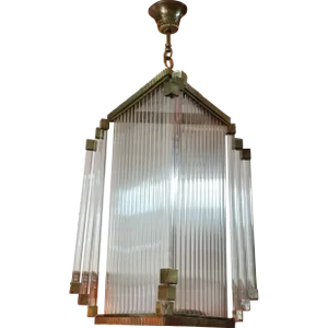 Vintage Art Deco Skyscraper Rod Ship Chandelier in Brass & Glass