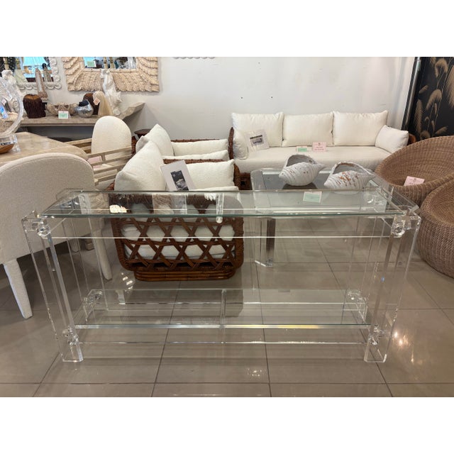 Vintage Modern Peg Lucite Console Table Two Tier New Glass Tops For Sale - Image 11 of 12