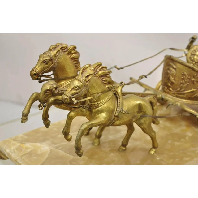 Mid 20th Century Vintage Gold Gilt Metal Roman Horse Drawn Chariot Sculpture on Marble Base For Sale - Image 10 of 12