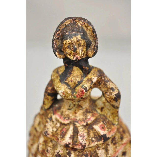Victorian Antique Victorian Cast Iron Figural Painted Small Hoop Skirt Girl Door Stop For Sale - Image 3 of 9