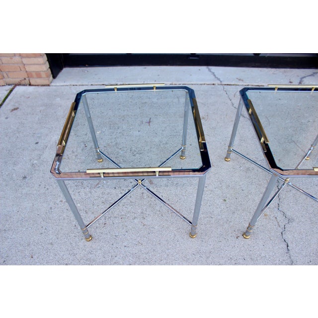 Mid-Century Modern Maison Jansen Modern Hollywood Regency Chrome Brass Glass Side Tables- a Pair For Sale - Image 3 of 10