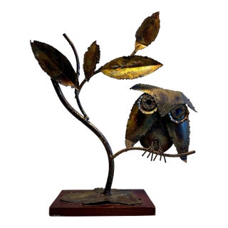 Brutalist Owl in Tree Sculpture on Wood Base For Sale