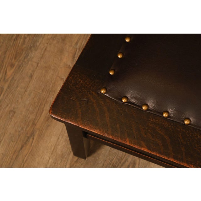 Wood Mission Style Antique Oak Rabbit Ear Side Chair With Leather Seat For Sale - Image 7 of 18