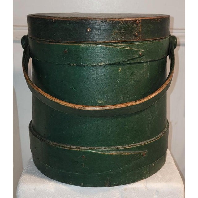 19Thc Original emerald green painted furkin / bucket with the copper nail construction and original handle.The condition...