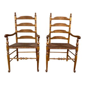 Mid 20th Century Pair of Vintage French Country Style High Ladder Back Maple Rush Seat Dining Armchairs