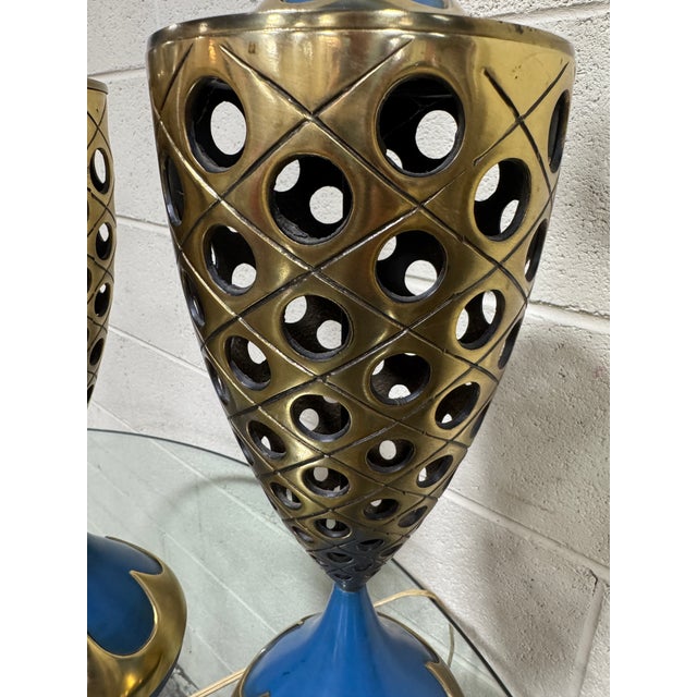 Paint 1960s Tony Paul Style Westwood Industries Brass and Blue Enamel Lamps - A Pair For Sale - Image 7 of 12