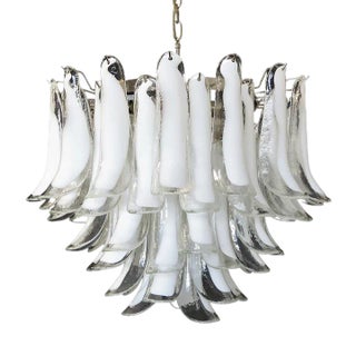 Vintage Italian Murano Chandelier with 53 Transparent Lattimo Glass Petals from Mazzega, 1982 For Sale