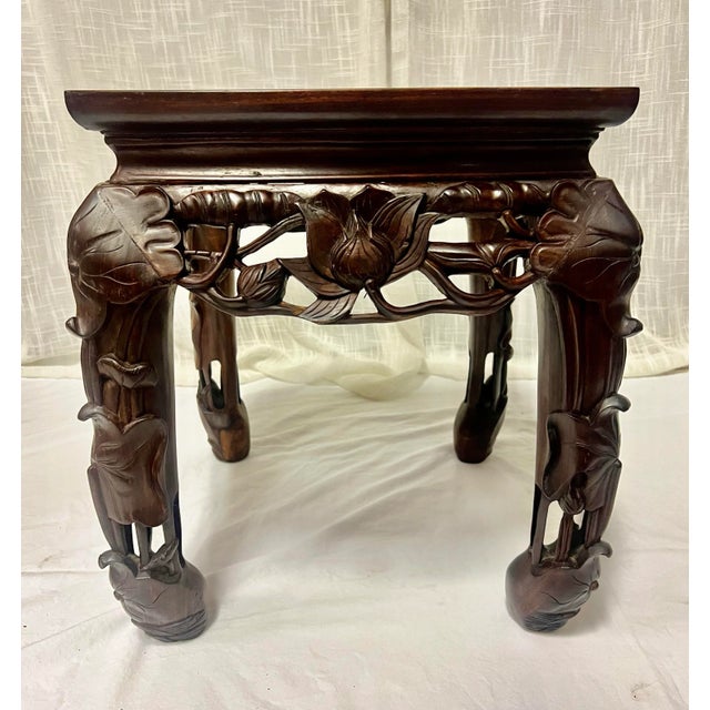 Late 20th Century Vintage Asian Carved Wood Side Tables Stands With Lotus Flower Design and Marble Top-a Pair For Sale - Image 5 of 12