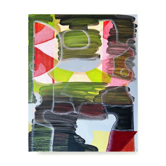Contemporary geometric colorful abstract painting by Texas-based artist Max Manning. The work features organic and...