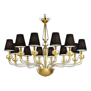 Linear Chandelier in Transparent Murano Glass with Gold-Leaf Accents by Simoeng for Simoeng For Sale