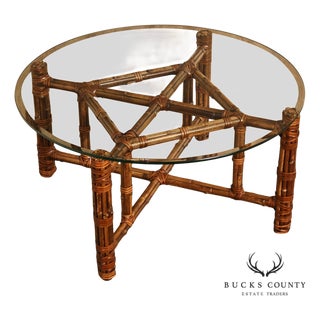 McGuire Bamboo And Rattan Round Glass Top Coffee Table For Sale