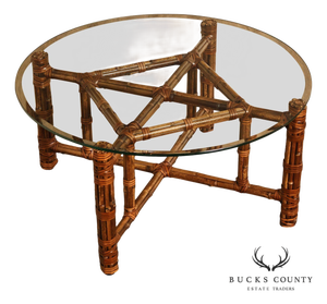 McGuire Bamboo And Rattan Round Glass Top Coffee Table