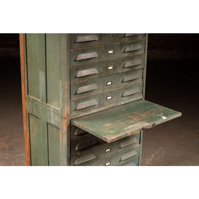 Antique Multi-Drawer Industrial Map Cabinet in Original Green Paint For Sale - Image 10 of 14