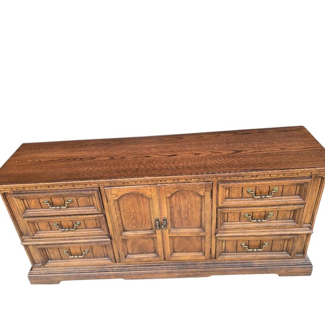 Wood Vintage Dixie Oak Triple Dresser Credenza | 9 Drawer Solid Wood Buffet | Traditional Storage Cabinet For Sale - Image 7 of 7