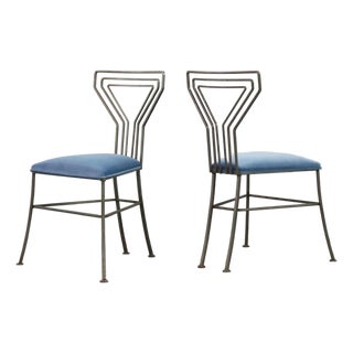 1950s Martini Chairs With Blue Velvet Seats and Sculptural Metal Frames — A Pair For Sale