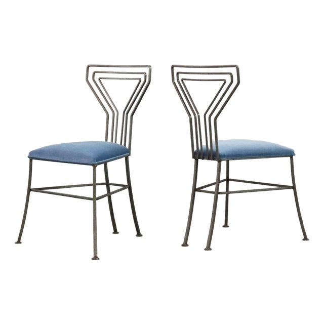1950s Martini Chairs With Blue Velvet Seats and Sculptural Metal Frames — A Pair For Sale