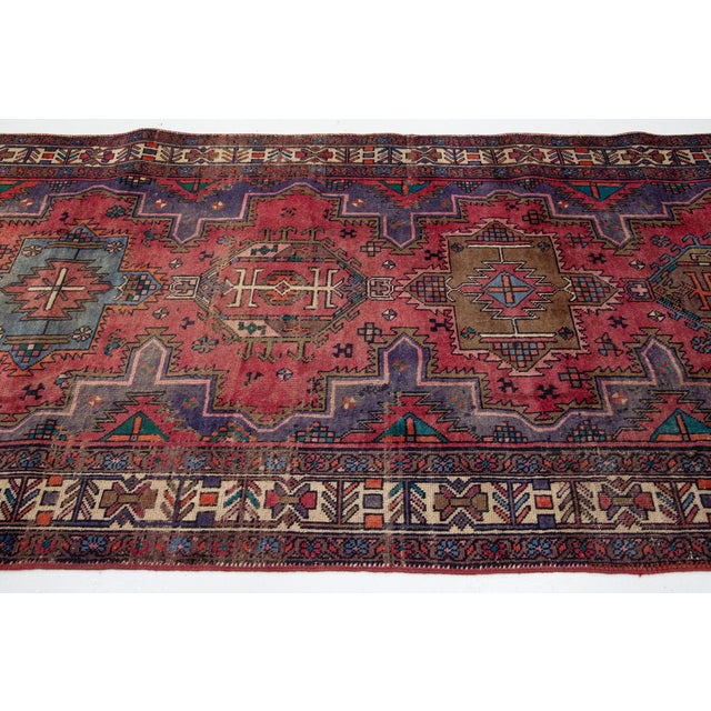 Red Long Wool Runner Heriz in Red With Tribal Motif For Sale - Image 8 of 9