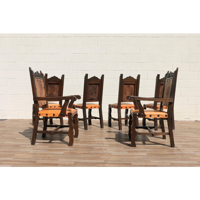 Set of 6 Spanish Revival Carved Wood & Tan Leather Dining Chairs For Sale - Image 4 of 18