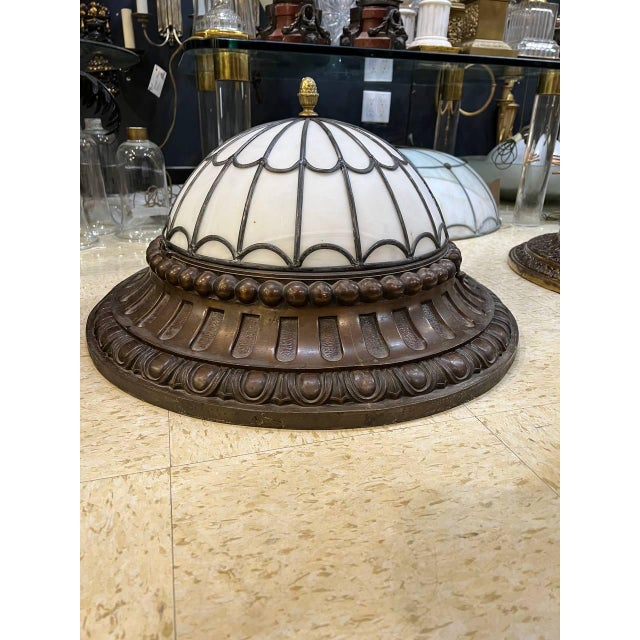 Neoclassical 1900s Caldwell Bronze and Leaded Glass Flush Mount For Sale - Image 3 of 7